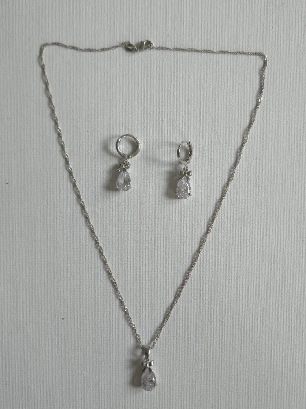 925 Sterling Silver CZ Bow Teardrop Necklace Earrings Set Pear Cut Bridal